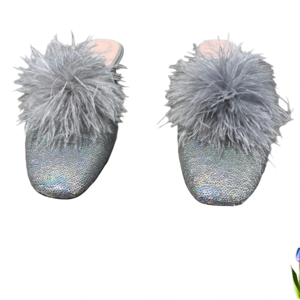 Kate Spade Sequined Silver Gray Mules iridescent, ostrich feather Pom Poms Gala